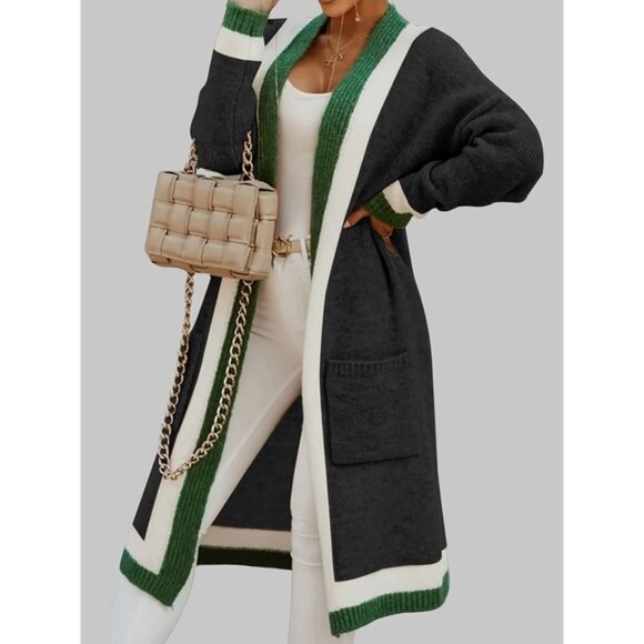 Sweaters - Color Block Open Front Knit Cardigan, Vintage Long Sleeve Long Length Sweater Co